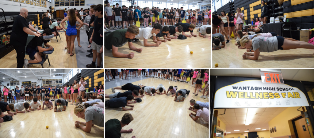group of photos of students looking at nutrition information and exercising